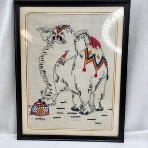 Circus Elephant Crewel Stitchery Framed Embroidery Picture 11x14 Textile Art Vtg